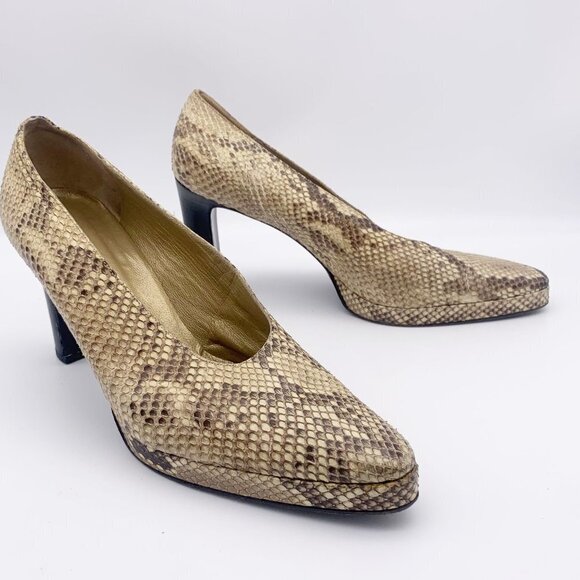 YSL Saint Laurent Beige/Black Python Leather Platform Pumps Block Heel 8 M - Picture 1 of 10